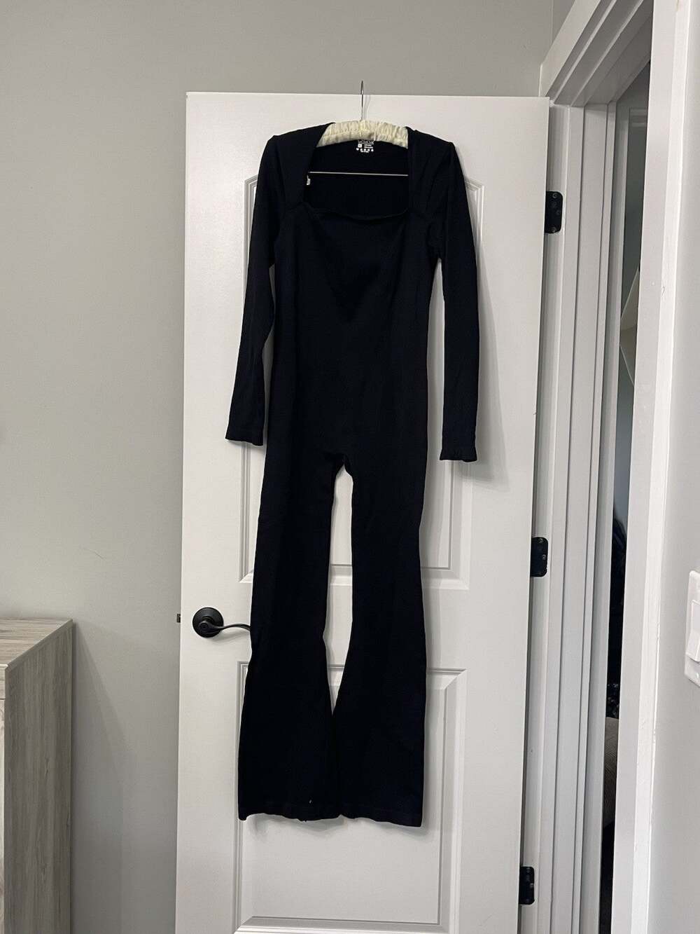 OQQ Yoga Outfit Ribbed Square Neck Long Sleeve Flare Jumpsuit One Piece XL